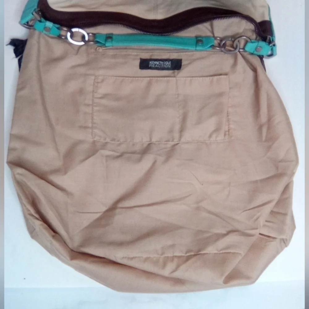 Kenneth Cole Women's Cream, Brown & Teal Hobo Handbag, Preowned, Genuine Leather